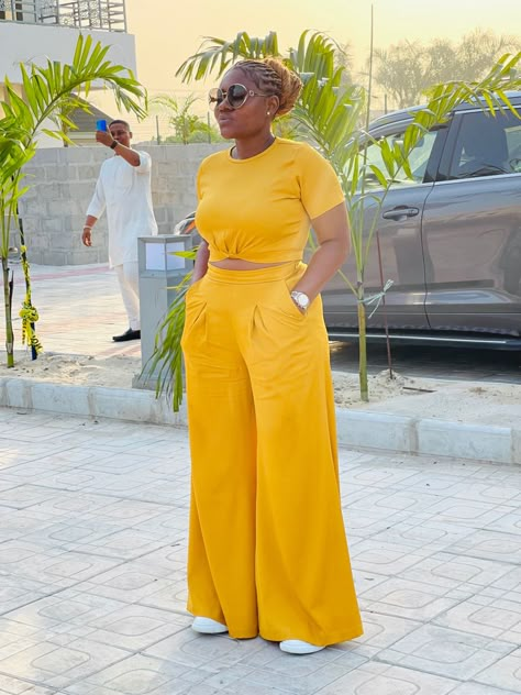 Crop top and a palazzo pants Palazzo Pant With Crop Top, Crop Top Two Piece Outfits, Trouser Top Outfit, Crop Top With High Waisted Pants, Pallazo And Crop Top Outfit, Chiffon Two Piece Set Pants, Pallazo Trouser With Top, Up And Down Palazzo Outfit, 2 Piece Outfit Set Pants Crop Tops