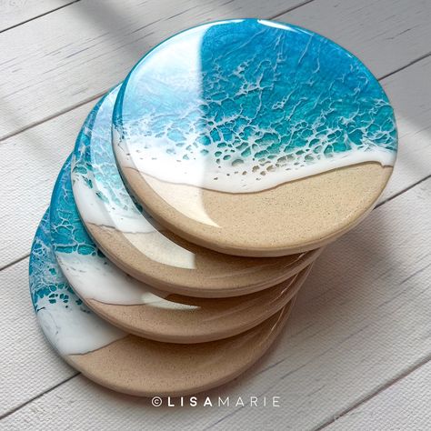 High tides and good vibes. 🌴 Four new ocean coaster sets were just added to the shop!✌🏼 …. Made with: @masepoxies Art Pro and Ocean Art White Pigment @meyspring Tropical Blue / Turquoise Blue @pixiss_creative Ceramic Rounds Save with code LISAMARIE #resin #epoxyresin #resinart #michiganartist #fluidart #oceanart #lakeart #nauticalartwork #artstrending #womenwhoart #masepoxies #artistic_michigan #resinartwork #epoxyideas #homedecor #scadalumni #resinart_daily #handmade #artistsoninstagra... Christmas Coasters Diy, Blue Resin Coasters, Handpainted Coasters, Ocean Coasters, Beach Resin Art, Resin Beach Art, Epoxy Resin Coasters, Resin Arts, Beach Resin