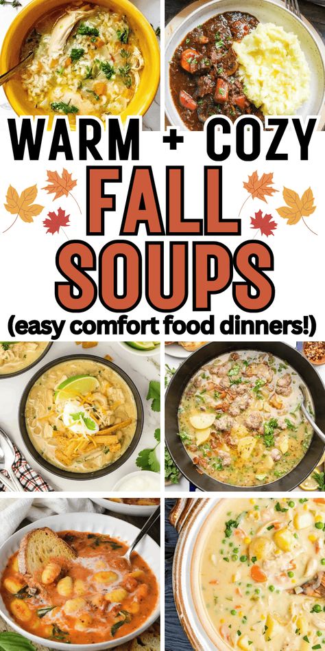 The best cozy autumn soup recipes! Hearty fall soup ideas easy recipes, easy autumn soup recipes, easy fall soup recipes healthy, autumn soup recipes healthy, fall soups and stews comfort foods healthy, fall soups and stews healthy vegetarian, best soup recipes ever homemade, easy fall dinner ideas soup, best slow cooker soup recipes healthy, best fall soup stew recipes, fall soup aesthetic, fall stew recipes vegetarian, hearty soup recipes comfort foods, fall stew recipes crock pot cold ... Soups Fall Comfort Foods, Soups For The Winter, Soups For October, Rainy Soup Recipes, Easy Autumn Soup, Fall Stews Crockpot, Fall Soup Easy, Healthy Fall Soups Crock Pots, Easy Cozy Soup Recipes