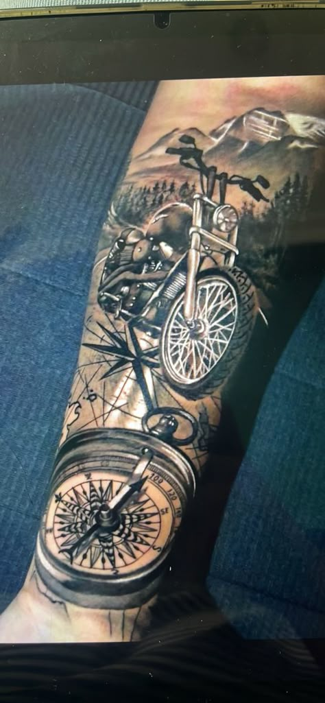 Biker Sleeve Tattoo, Motorcycle Sleeve Tattoo, Motorcycle Tattoo Memorial, Harley Motorcycle Tattoo, Moto Tattoo Ideas, Motorcycle Tattoos For Men, Harley Davidson Tattoos For Men, Motorcycle Tattoo Designs, Biker Tattoos Designs