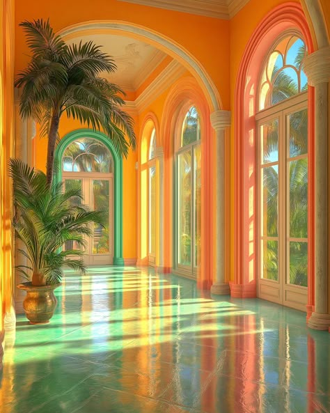 Bright Color House Exterior, Bright Colorful Home Interior, Bright Spring Aesthetic, Bright House Interior, Colorful Houses Interior, Bright Colors Aesthetic, Bright House, Baroque Interior, Architecture Baroque