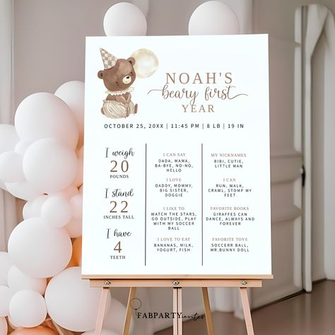 Celebrate your little one's first year in style with this adorable Beary 1st Birthday Baby Milestone Birthday Sign Template! This Etsy exclusive is not only charming but also captures the essence of your baby's first year in a fun way. Create unforgettable memories and make it a truly special milestone celebration! Beary 1st Birthday, Baby Handprint Art, Baby Handprint Crafts, First Birthday Milestone, Birthday Milestone Board, First Birthday Posters, Milestone Board, Year Poster, Milestone Stickers