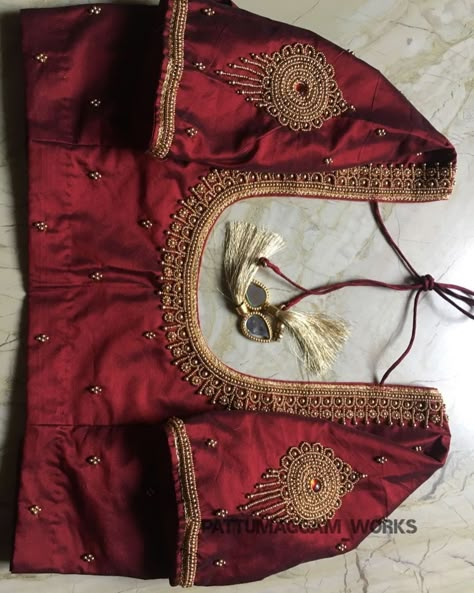 Dark Brown Aari Work Blouse, Brown Colour Blouse Maggam Work, Merun Colour Aari Blouse Design, Copper Aariwork Blouse Designs, Maroon Colour Blouse Design, Kundan Stone Work Blouse Designs, Latest Simple Blouse Work Designs, Simple Bridal Blouse Designs, Latest Simple Aari Work Blouse Designs