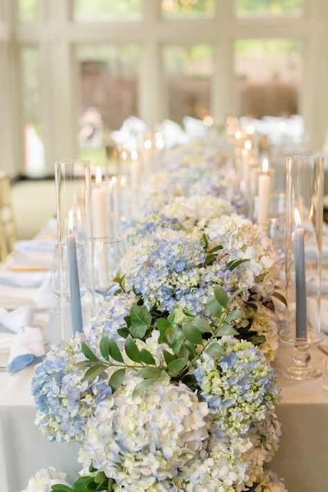 Long Bride Bouquet, Hydrangea Long Table Centerpiece, Long Hydrangea Centerpiece, Pastel Blue Wedding Decorations, Wedding Bouquet Centerpieces, Blue Hydrangea Tablescape, Hydrangea Seating Chart, Wedding Flower Arrangements Hydrangea, Light Blue Flower Centerpieces