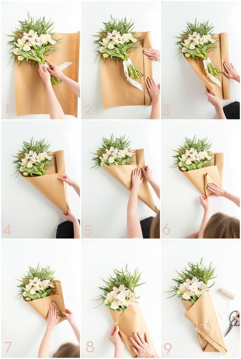 Step by step instructions on how to beautifully wrap a flower bouquet. Bouquet Arrangements Diy, Fleurs Diy, Flower Truck, Flower Bouquet Diy, How To Wrap, Flowers Bouquet Gift, Bouquet Wrap, How To Wrap Flowers, Flower Arrangements Diy