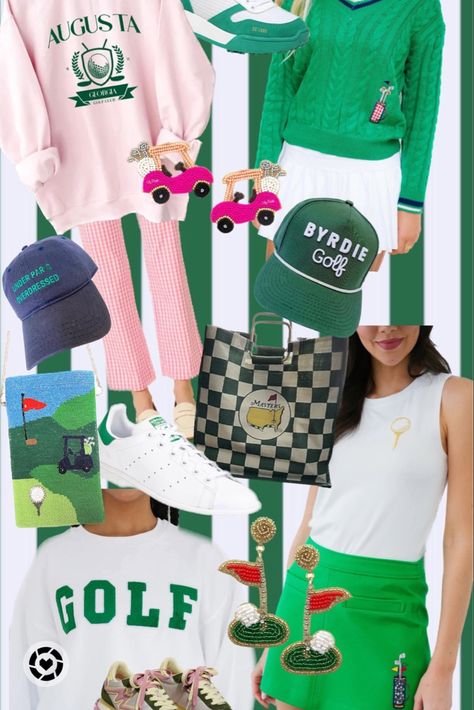 Golf Tournament Outfit Spectator What To Wear, Golf Bar Crawl Outfit, Pink And Green Golf Outfit, Golf Tournament Themes For Women, Women’s Golf Outfit Ideas, Golf Theme Party Outfit Women, Cart Girl Outfits Golf, 80s Golf Attire, Disc Golf Outfits Women