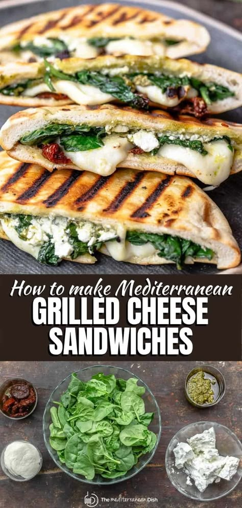 Not your average grilled cheese sandwich! Pita Grilled Cheese w Mediterranean faves like mozzarella, feta, sundried tomatoes, basil pesto. Grilled Pita Sandwich, Easy Pita Sandwich Recipes, Mediterranean Pita Sandwich, Healthy Pita Sandwich Ideas, Mediterranean Diet Pita Recipes, Pita Pocket Recipes Vegetarian, Things To Make With Pita Bread, Vegetarian Pita Sandwich, Mediterranean Pita Pockets