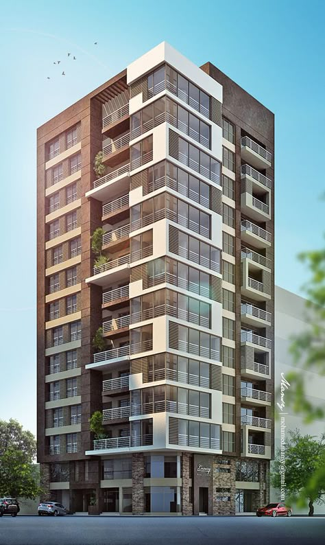 Residential Building - Alexandria on Behance Apartments Exterior, Luxury High Rise, Apartment Exterior, Residential Building Design, High Rise Apartments, Building Elevation, Modern Architecture Building, Apartment Architecture, Apartment Layout