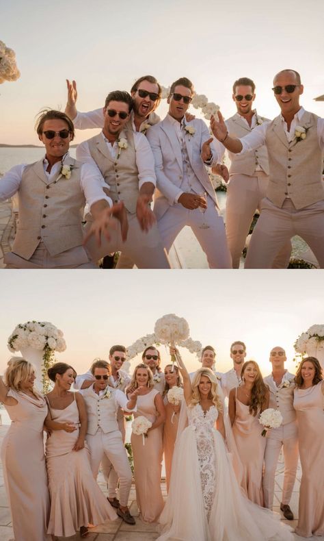 Beige Wedding Party Attire, Best Man Costume Wedding, Wedding Bestman Outfit, Day Party Wedding, Groom And Groomsmen Attire Beige, Wedding Best Man Outfit Groomsmen, Bridesmaid Dress For Beach Wedding, Linen Three Piece Suit Groom, Elegant Boho Beach Wedding