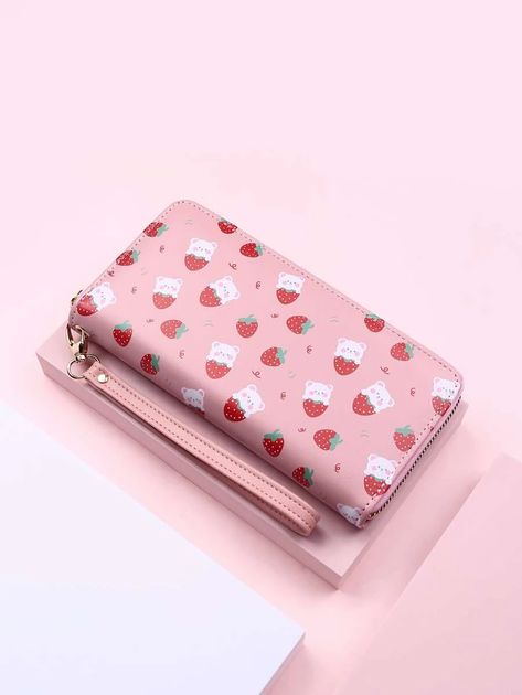 Cartoon Strawberry Graphic Purse | SHEIN USA Aesthetic Wallet, Strawberry Graphic, Cartoon Strawberry, Cute Wallets, Work Gifts, Wallets For Women Leather, Pink Purse, Zipper Wallet, Wristlet Wallet