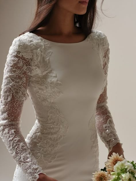 Navi Leigh Long-Sleeve Modest Wedding Dress | Maggie Sottero Wedding Dress Scoop Neck, Simple Engagement Dress, Modest Long Sleeve Wedding Dresses, Maggie Sottero Wedding Dresses, Classy Wedding Dress, Simple Engagement, Modest Wedding Dress, Formal Wear Dresses, Wedding Gowns Mermaid