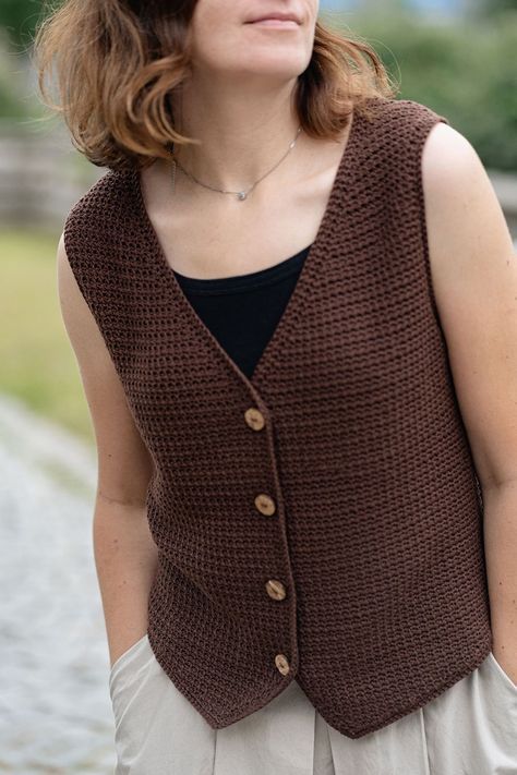 City Waistcoat: new crochet pattern | LillaBjörn's Crochet World Waist Coat Crochet Stitch, Crochet Pattern Vest Free, Crochet Button Vest Pattern Free, Crochet Vest Pattern Free Woman Simple, Crocheted Vests For Women, Easy Crochet Vest Pattern Free For Women, Crochet Waistcoat Pattern Free, Sweater Vest Crochet Pattern Free, Crochet Collared Shirt