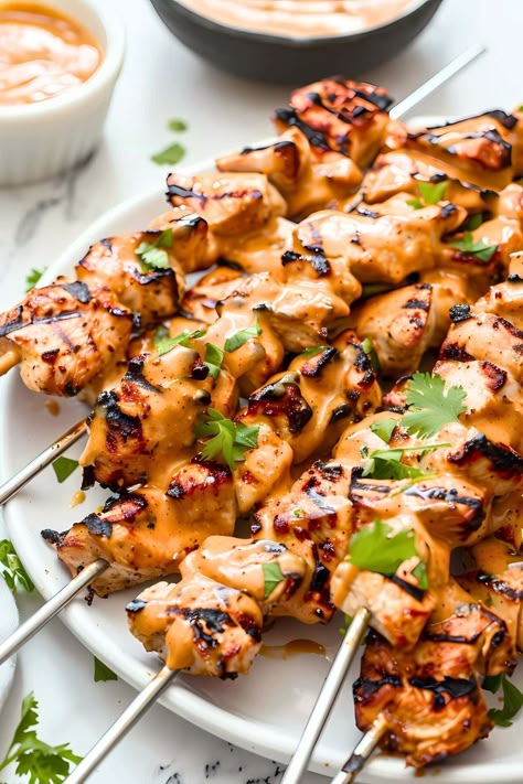 Chicken Satay with Peanut Sauce - Insanely Good Thai Chicken Satay Skewers With Peanut Sauce, Peanut Chicken Satay Recipe, Chicken Peanut Recipes, Healthy Chicken Satay Recipe, Healthy Chicken Satay, Thai Chicken Satay Recipe, Thai Chicken Recipes Peanut Sauce, Meals With Peanut Sauce, Chicken Satay Peanut Sauce