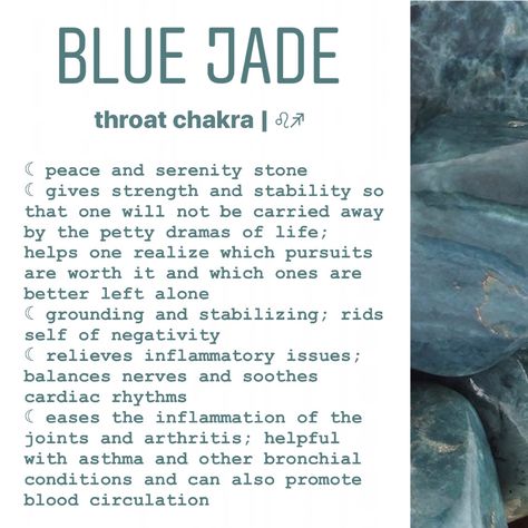 blue jade meaning Stone Quotes, Jade Meaning, Crystal Healing Chart, Earth Gift, Jade Crystal, Blue Jade, Crystals Healing Properties, Crystal Therapy, Meditation Crystals