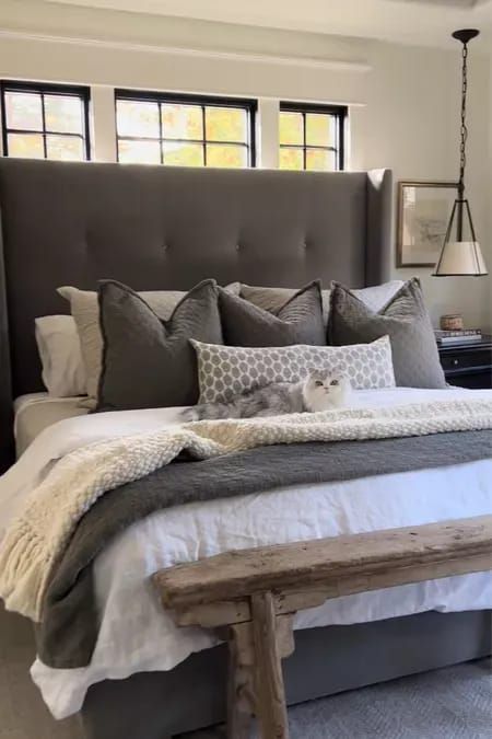 Gray And Tan Bedding Ideas, Charcole Bed, Grey Tan Bedding, Bedding With Charcoal Sheets, Grey Quilted Headboard Bedroom, Grey Bedroom Comforter Ideas, Grey Beige Bedding, Charcoal Grey Upholstered Bed, Bed Blanket Arrangement