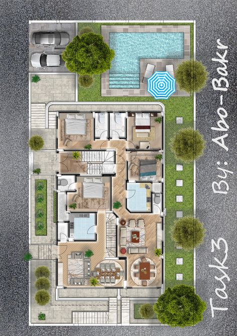 A Fully Furniture ground Floor Plan With Photoshop Landscape Photoshop Render Plan, Plan Presentation Architecture Photoshop, Photoshop Site Plan, Site Plan Render Photoshop Architecture, Landscape Design Top View, Photoshop Plan Render, Photoshop Rendered Plans, Landscape Floor Plan, Photoshop Floor Plan