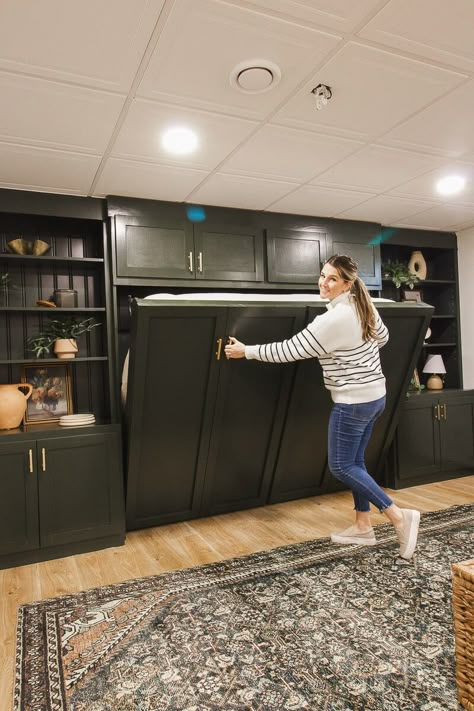 DIY Built-in Murphy Bed (And how they're styled!) Built In Murphy Bed, Bed With Bookshelves, Desk Renovation, Murphy Bed Office, Murphy Bed Kits, Diy Built In, Horizontal Murphy Bed, Bookshelf Bed, Cinder Block Walls