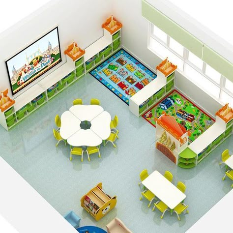 Classroom Floor Plan, Preschool Classroom Layout, Daycare Room Design, Preschool Classroom Setup, Daycare Setup, Daycare Rooms, Kindergarten Interior, Scandinavian Hygge, Preschool Furniture