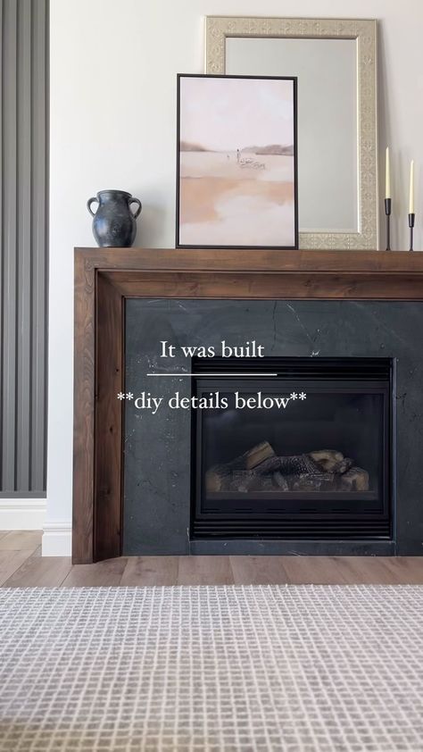 Andrea Nelson | Home Decor | Interior Decorating | How to DIY our fireplace mantle ⤵️ I get messages from people requesting the link to our mantle regularly. It’s custom built by... | Instagram Diy Fire Mantel, Yellow Tile Fireplace, Modern Fireplace And Tv Wall Ideas, Stained Fireplace Mantle, Art Tv Over Fireplace, Fireplace Surrounds Ideas, Mantel Without Fireplace Ideas, Build Fireplace Mantle, Mock Fireplace Ideas