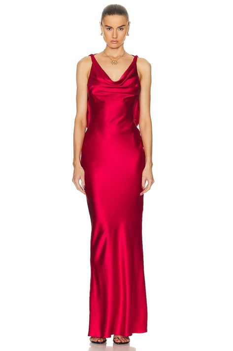 Mirror Palais Plunging Back Cowl Dress in Scarlett | FWRD Back Cowl Dress, Red Satin Gown, Formal Event Dresses, Mirror Palais, Cowl Dress, Draped Neckline, Halter Midi Dress, Black Tie Wedding, Satin Gown