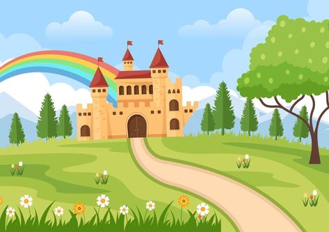 Castle with Majestic Palace Architecture and Fairytale Like Forest Scenery in Cartoon Flat Style Illustration Palace Background, Cartoon Powerpoint, Castle Scenery, Beautiful Kingdom, Magic Tower, Forest Architecture, Horse Symbol, Architecture Powerpoint, Cartoon Garden