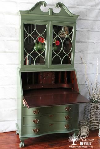 Painted Secretary Desks, Secretary Desk Makeover, Painted Secretary, Vintage Secretary Desk, Wood Secretary Desk, Antique Secretary Desks, Green Painted Furniture, Antique Secretary, Vintage Secretary