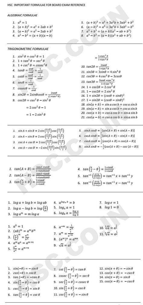 HSC BOARD – IMPORTANT FORMULAS – HSC – Higher Secondary Education Website Maths Algebra Formulas, Math Formula Sheet, Maths Formulas, Math Formula Chart, Algebra Formulas, Formula Chart, Math Websites, Learn Physics, Physics Notes