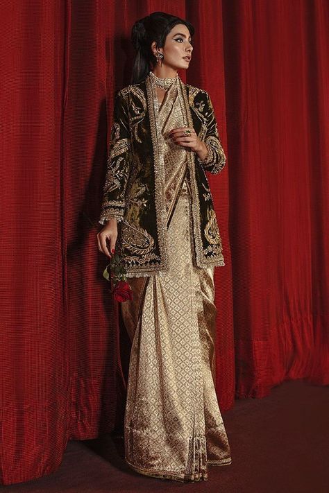 12 Different Ways To Wear A Jacket With A Saree! | WedMeGood Mohsin Naveed Ranjha, Saree Jacket Designs, Green Velvet Jacket, Saree Jackets, Long Blouse Designs, 22 November, Bridal Dress Design, Stylish Party Dresses, Pakistani Designers