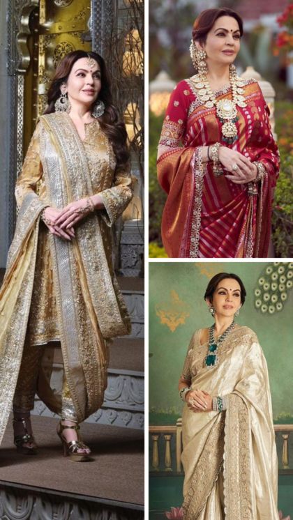 Neeta Ambani Suits, Nita Ambani Suits, Manish Malhotra Suits, Neeta Ambani, Manish Malhotra Dresses, Nade Ali, Gold Silk Saree, Sequin Lehenga, Nita Ambani