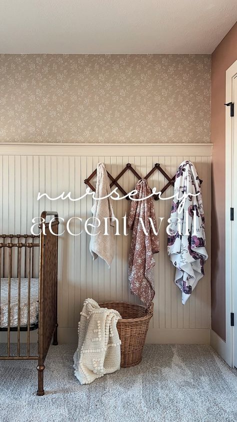 Kristen Nicole | Opal and Home | Home Design & Decor | DIY | The nursery accent wall is giving vintage and I love it! I had such a hard time picking the wallpaper in here and I swear it took me a... | Instagram Wood Panel Walls Nursery, Wood Panel Nursery Wall, Wallpaper Baby Nursery, Wallpaper And Beadboard Nursery, Bead And Board Walls, Half Wallpaper Half Paneling Nursery, Accent Wall Bedroom Nursery, Crown Molding Nursery, Nursery Beadboard Walls