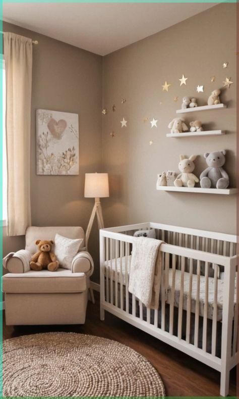 Corner Room Nursery Ideas, Sweet Dream Nursery Theme, White And Tan Nursery Gender Neutral, Nursery Brown Walls, Plain Nursery Ideas, Cozy Girl Nursery, Girl Nursery Ideas Neutral, Cute Baby Boy Nursery Ideas, Teddy Bear Nursery Theme Girl