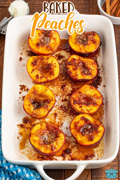 The perfect, light dessert recipe ready in under half an hour! Tender, sweet Baked Peaches with butter, cinnamon, brown sugar, and of course, fresh juicy peaches! Baked Peach Recipes, Oven Baked Peaches, Canned Peaches With Honey, Fresh Peach Recipes Breakfast, What To Do With Peaches Going Bad, Ways To Use Fresh Peaches, Carmelized Peaches Recipes, Cinnamon Sugar Baked Peaches, What To Do With Mealy Peaches