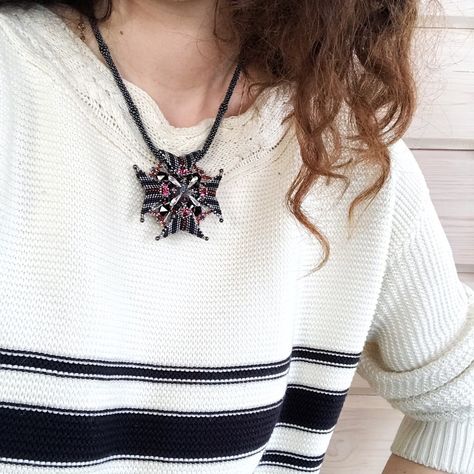 Maltese cross pendant necklace. Exclusive beaded jewelry for no ordinary look! Maltese Cross, Cross Pendant Necklace, Maltese, Cross Pendant, Crochet Necklace, Beaded Jewelry, Pendant Necklace, Crochet, Pendant