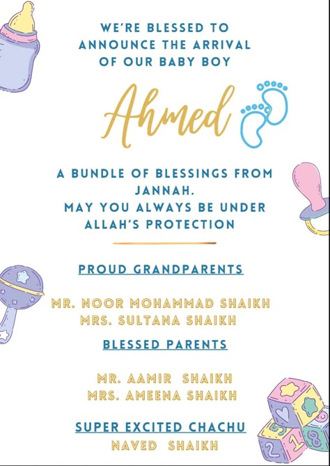 We are blessed with a baby boy, alhamdulillah. We sat and came up with this absolute cute idea of a baby announcement card. Here is to y’all a pretty cute idea of a baby boy announcement x Alhamdulillah Its A Baby Girl, Baby Name Announcement Template, Alhamdulillah Its A Baby Boy, Its A Boy Announcement Quotes, Newborn Announcement Cards, Its A Boy Template, Its A Boy Announcement Template, Its A Baby Boy Announcement, Blessed With Baby Boy Quotes