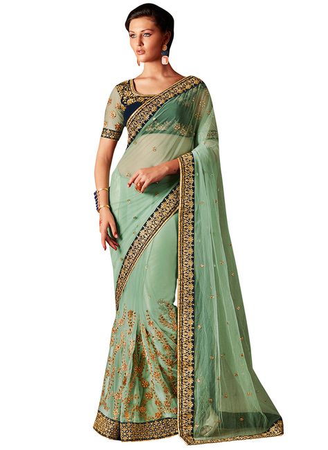 Sea Green Net Border Saree Engagement Saree, Pista Green, Party Sarees, Wedding Saree Indian, Net Saree, Green Saree, Embroidered Wedding, Green Sequins, Traditional Sarees