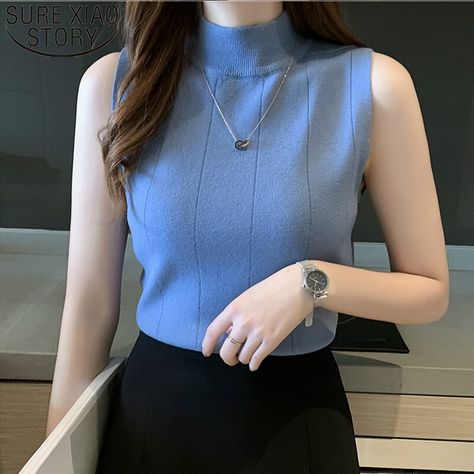 Convention Outfits, Turtleneck Fashion, High Neck Sleeveless Top, Turtleneck Tank Top, Sleeveless Knit Top, Womens Camisoles, Sleeveless Turtleneck, Ladies Tops, Summer Blouses