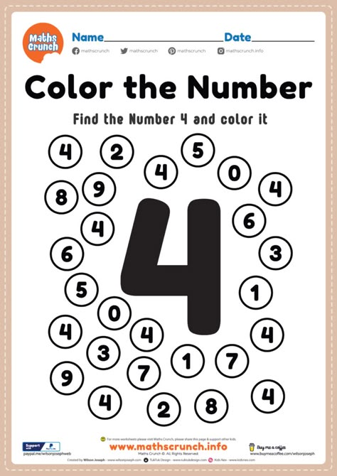 Prek Number 4 Worksheet, Number 4 Coloring Sheet, Colour The Numbers Worksheet, Number 4 Worksheet Kindergarten, Color The Numbers Worksheet, Find The Number Worksheet, Math Preschool Activities Printables, Number Four Activities Preschool, Number 4 Crafts For Preschoolers