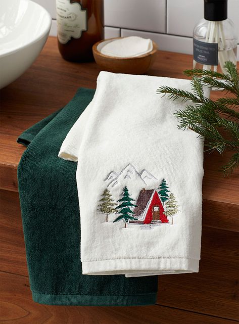 Snowy village hand towels Set of 2 | Simons Maison | Jacquards & Embroidery | Bath Towels | Simons Christmas Bath Towels, Towel Embroidery Designs, Snowy Village, Patterned Bath Towels, Towel Embroidery, Festive Holiday Decor, Christmas Towels, Soap Favors, Goats Milk