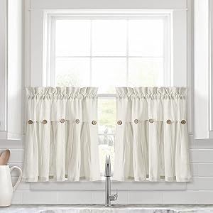 Lush Decor Linen Button Farmhouse Kitchen Tier Curtain Set, Pair, 29" W x 24" L, Off- White Dark Panels, Farmhouse Windows, Tier Curtains, Lush Decor, Kitchen Window Treatments, Kitchen Curtain, Bathroom Windows, Cafe Curtains, Rod Pocket Curtain Panels