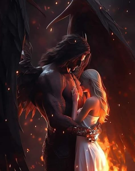 Incubus Demon Male Art, Angels And Demons Couple, Demon X Human Couple, Demon Couple Art, Angel Demon Aesthetic, Demon And Angel Love, Angel And Devil Aesthetic, Angel And Demon Couple, Angel And Demon Love Art