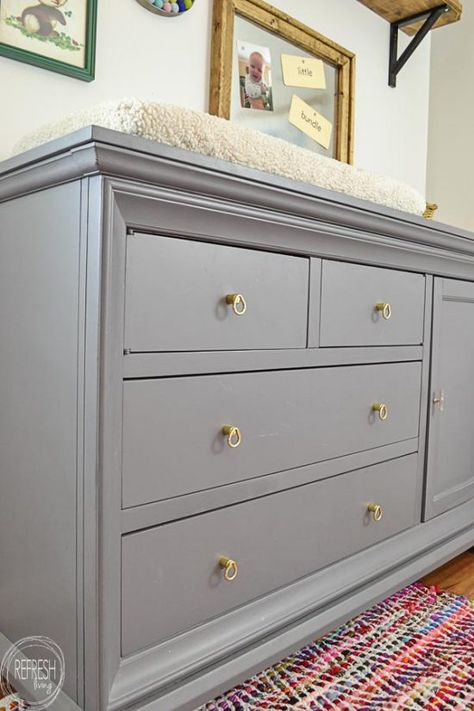 I love the gray dresser with the brass pulls. This dresser started as a dark cherry wood color; it looks so much better now. Bedroom Dresser Makeover, Grey Painted Dresser, Cherry Bedroom Furniture, Dresser Hardware, Gray Dresser, Cherry Wood Furniture, Vintage Bedroom Furniture, Grey Bedroom Furniture, Bedroom Furniture Makeover