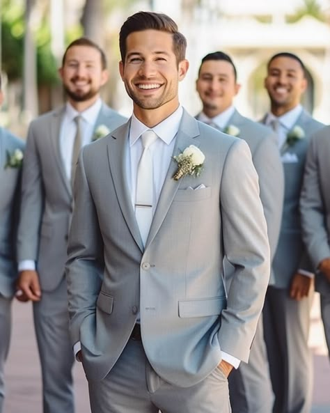 The grey groomsmen suit is a timeless and versatile choice, exuding elegance and sophistication. Its neutral color allows for effortless pairing with various styles and colors, ensuring a polished and refined look. Whether it's a traditional or modern wedding, the grey groomsmen suit is sure to make a stylish statement. Grey Color Wedding Theme, Grey Suit Wedding Groom & Groomsmen Suits, Grey Linen Groomsmen Attire, Men’s Light Grey Suit Wedding, Light Grey Groomsmen Attire, Wedding Ideas Suits, Groomsmen Light Grey Suit, Blue Gray Suit Wedding, Gray Groom Suit Wedding