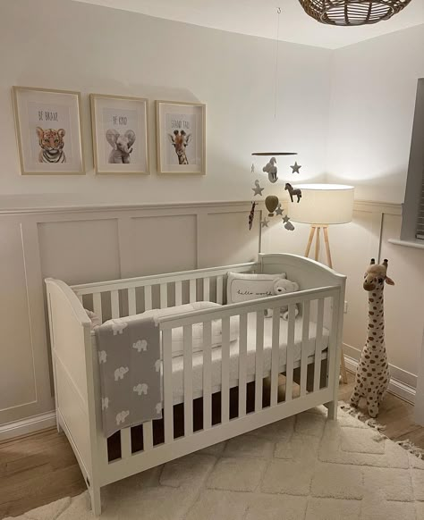 Gender Neutral Nursery Panelling, Nursery Decor Small Room, Panelling Walls Nursery, Panelled Nursery Ideas, White Cot Nursery, Nursery Small Space Ideas, Nursery With Panelling, Nursery Ideas Paneling, Light Nursery Ideas