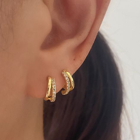 Gold Double Huggie Hoop Earrings, 18k gold plated Small Huggie, Minimalist Huggie Hoop Earrings, Gold Earrings, Gift for Her by AnettJewellery on Etsy Small Earrings Gold, Gold Heart Stud Earrings, Gold Heart Studs, Petite Earrings, Small Gold Hoop Earrings, Double Hoop Earrings, Bird Drawing, Small Gold Hoops, Gold Ring Designs