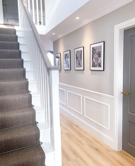 Hallway White Panelling, Panelled Hallway Lighting, Hallway And Stair Panelling, Panelled Hall Stairs And Landing, White Paneling Walls Hallways, Hallway Ideas With Panelling, London Town House Interior Aesthetic, Grey Panelled Hallway, Cream And White Panelling