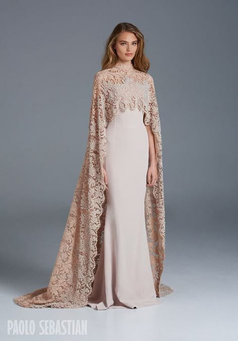 1605 Wedding Dress from Paolo Sebastian wedding dresses SS 2015/2016 - Silk gown with beaded lace cape - see the rest of the collection on www.onefabday.com Vintage Gowns Prom, Gown Cape, Gaun Koktail, Summer Couture, Paolo Sebastian, Couture 2015, Padme Amidala, White Gown, فستان سهرة