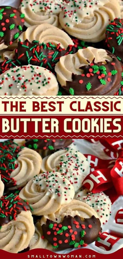 A classic addition to your Christmas cookie trays! This holiday baking recipe is one of the BEST. While these easy homemade butter cookies are already beautiful and flavorful, you can put an extra special touch! Christmas Dessert Tin Ideas, How To Make Christmas Cookie Boxes, Cookie Tin Cookies, Christmas Cookies Butter, Best Holiday Baking Recipes, Butter Christmas Cookies Recipes, Homemade Holiday Cookies, Cookie Tin Recipes, The Best Butter Cookies