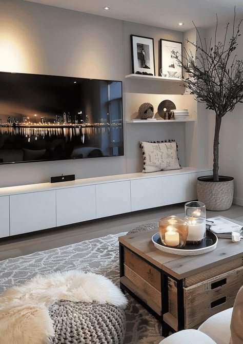 Tv Built In Cabinet Design, Decor Tv Wall Living Room, Built In Cabinets Below Tv, Lounge Floating Shelves, Flat Tv Wall Ideas, Wall Decor For Basement Family Room, Floor To Ceiling Living Room Cabinets, Living Room Tv Wall With Shelves, Living Room Designs Media Wall