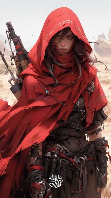 A contemporary Red Riding Hood as a powerful dystopian warrior in a desolate wasteland. Perfect face, strong facial expression, the hood in the wind, desert Red and yellow tones in the background, defiant posture, equipped with advanced weaponry and tactical equipment,. intense character and the stark beauty of the moor, beautiful desert color scheme, color shading, tradition and modernity in front of uncertain future, octane render, --ar 9:16 --niji 5 --s 150 Modern Fantasy Warrior, Dystopian Oc, Desert Color Scheme, Desolate Wasteland, Desert Warrior, Color Shading, Uncertain Future, Beautiful Desert, Octane Render