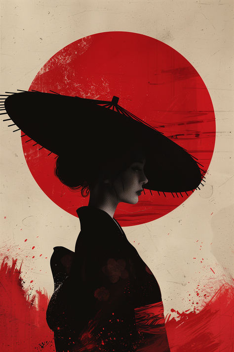 Immerse yourself in the beauty of Japanese culture with this striking poster featuring the silhouette of a geisha against a vivid red sun background. This modern art print captures the elegance and mystery of traditional Japanese aesthetics, making it a perfect addition to any home or office decor.  #JapaneseArt #GeishaSilhouette #RedSun #ArtPrint #HomeDecor #OfficeDecor #JapaneseCulture #ElegantPoster #CulturalArt #WallArt #AsianAesthetic #HighQualityPrint #JapaneseDecor Japanese Aesthetic Culture, Geisha Aesthetic Art, Modern Japanese Aesthetic, Red Poster Background, Japanese Culture Traditional, Geisha Aesthetic, Japanese Silhouette, Vintage Japanese Poster, Anime Wall Decor